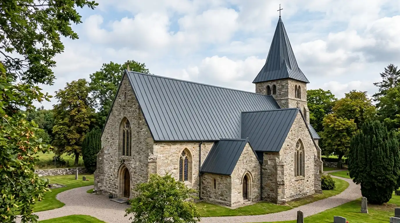 Standing seam metal roof on a church in suburban Atlanta