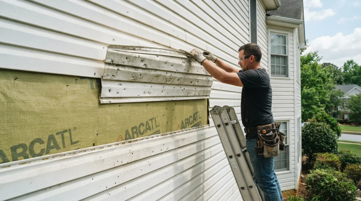 Hail-cracked vinyl siding panel being removed from an Atlanta home