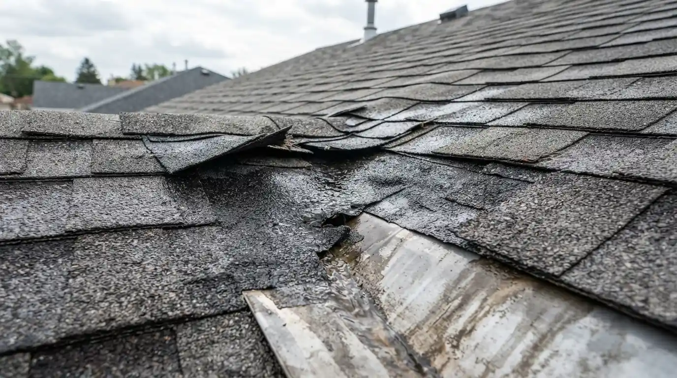 Worn valley shingles lifted to show wet underlayment