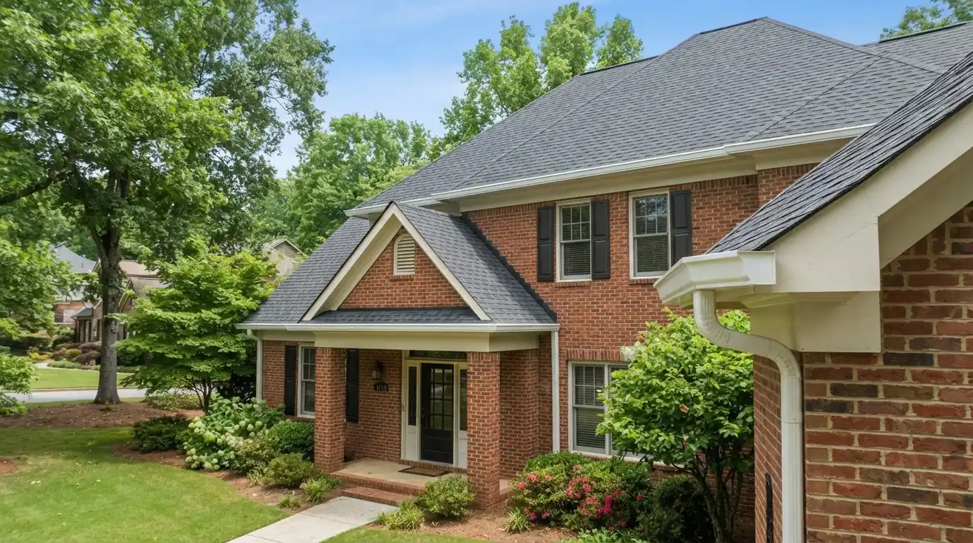 Reverse-curve gutter cover on a two-story brick home