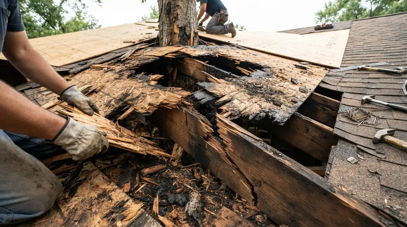 Charred, broken decking and a cracked rafter after a tree strike