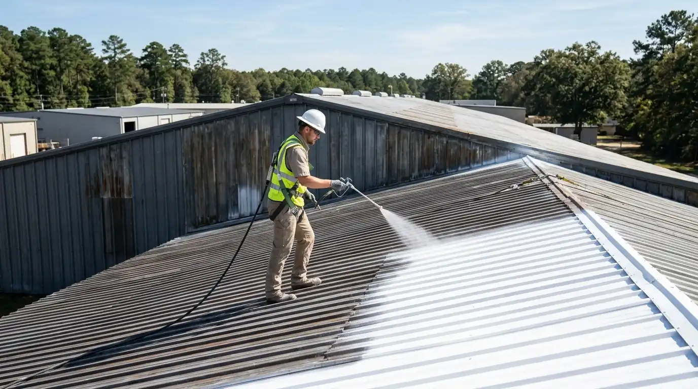 Acrylic coating being sprayed on a sloped metal warehouse roof