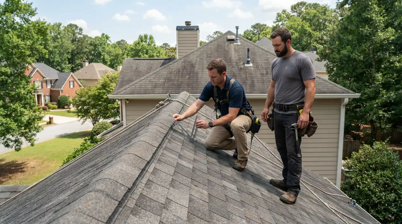 Adjuster and roofer measuring a roof slope