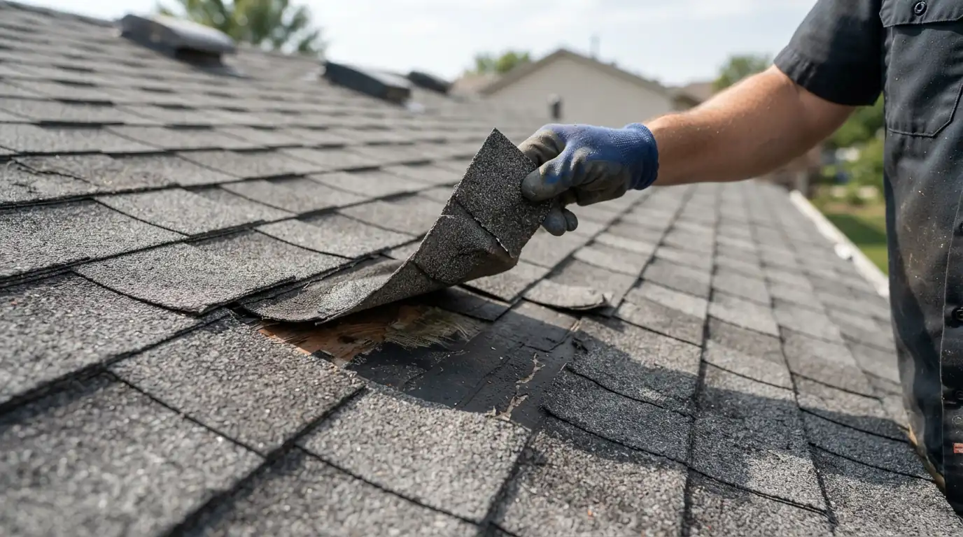 Wind-creased shingle tab being lifted to show the crack