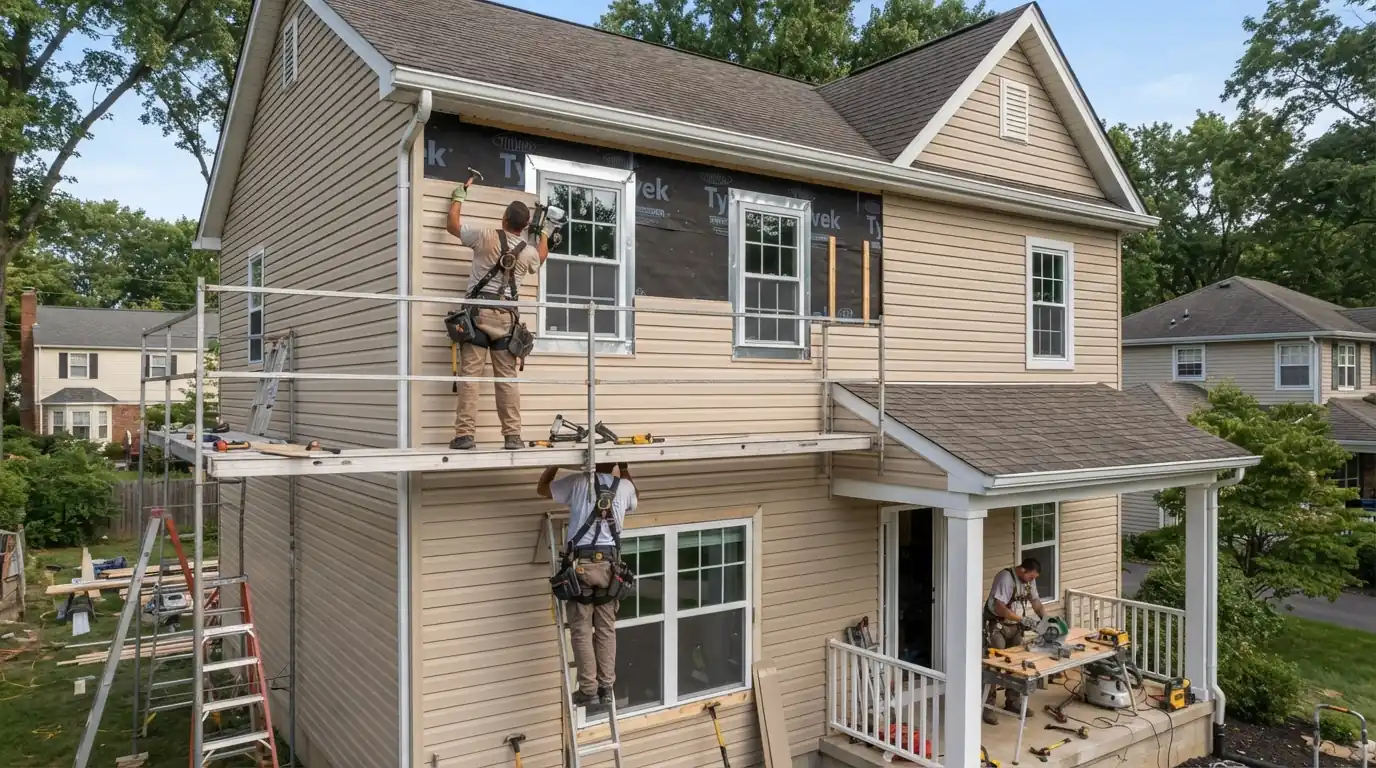 New vinyl siding being hung on a two-story house with flashed windows