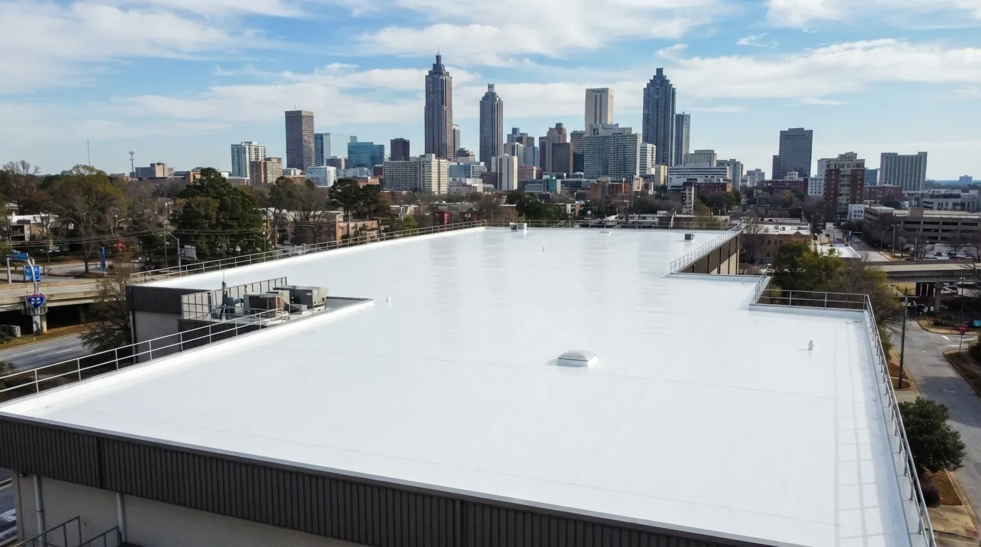 White membrane roof with the Atlanta skyline behind