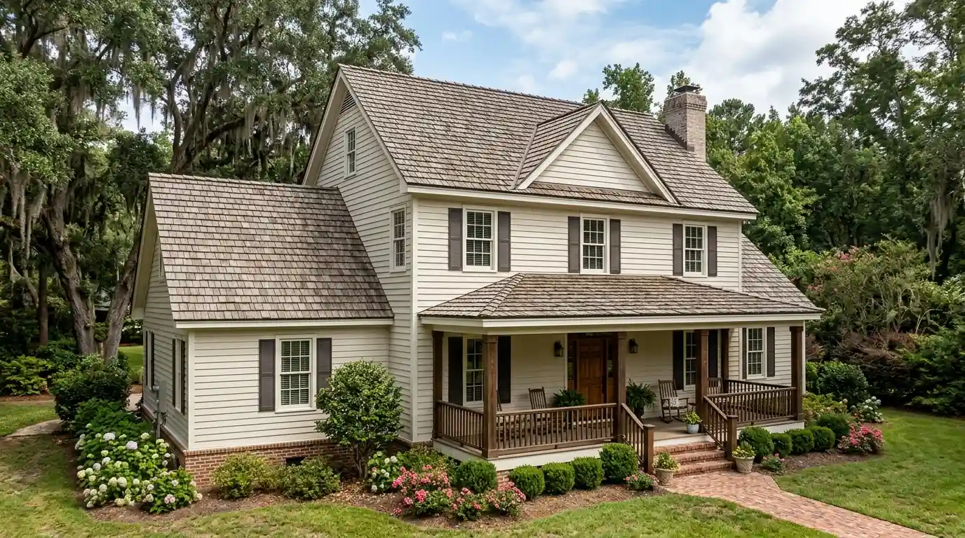 Synthetic shake roofing on a two-story Georgia home