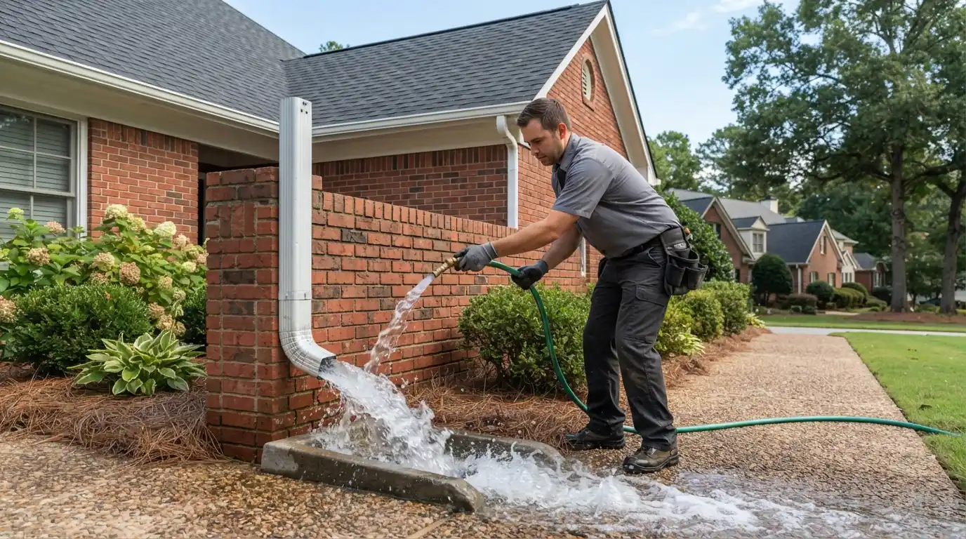 Downspout being flushed after gutter cleaning at a brick ranch home in Atlanta