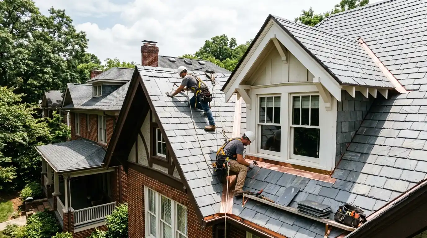 Roofers installing new natural slate with copper flashing
