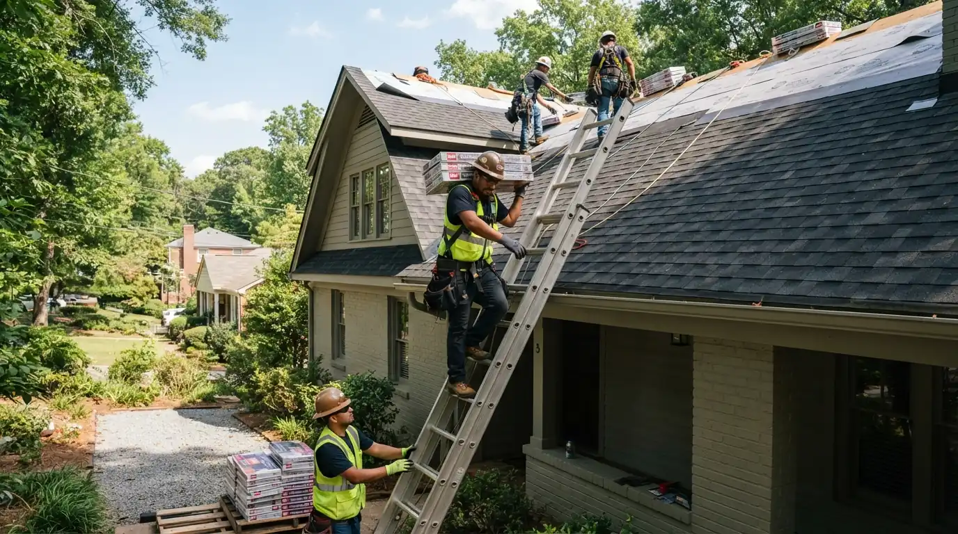 Crew carrying shingle bundles up a ladder at an Atlanta home