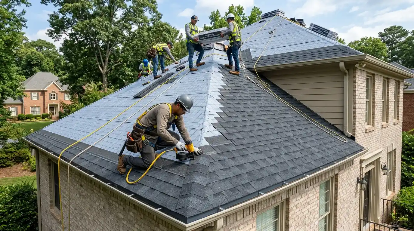 Architectural shingles being nailed over synthetic underlayment on an Atlanta home