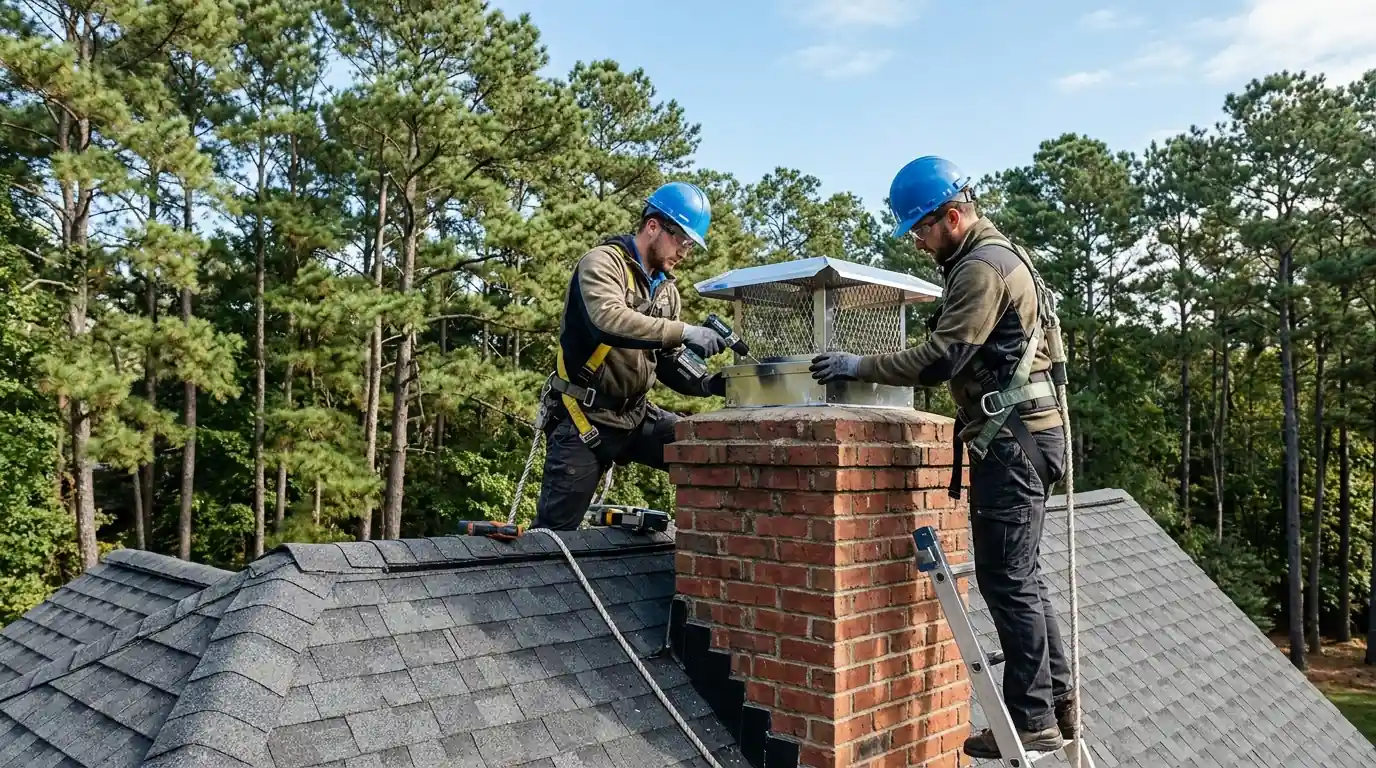 Stainless steel chimney cap being installed on a brick chimney