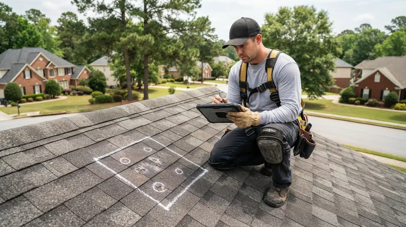 Roof inspected after a storm with a chalk test square and tablet