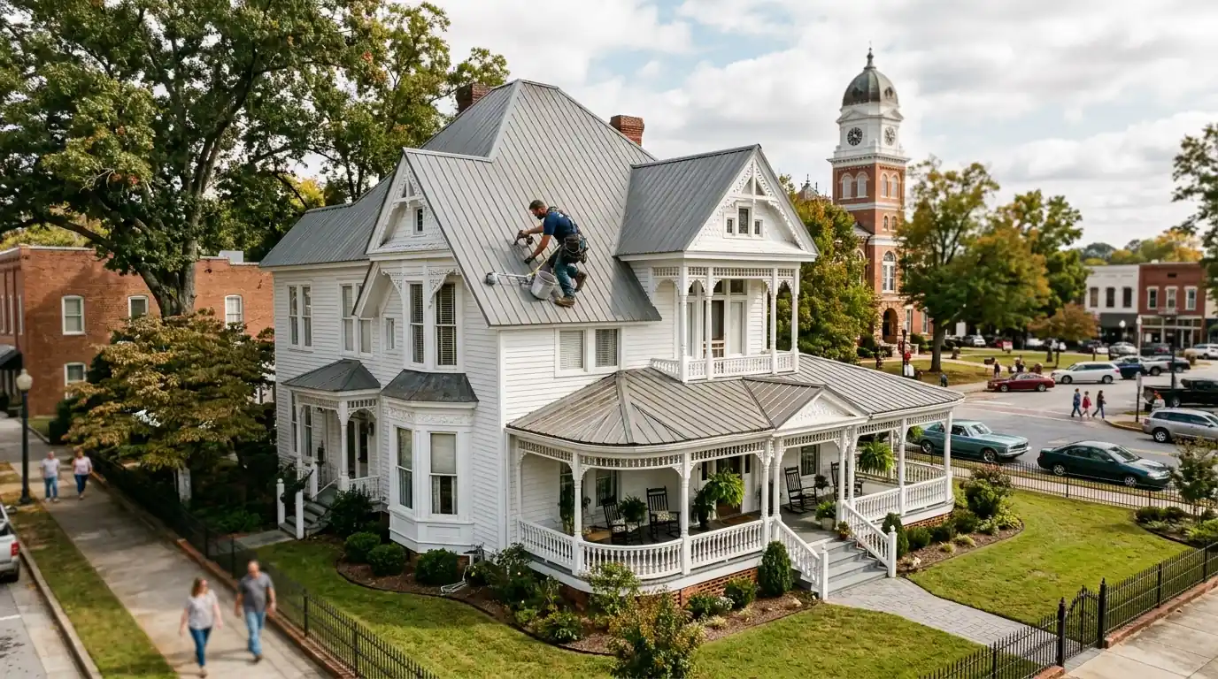 Roofer repairing the metal roof of a Victorian house in Covington
