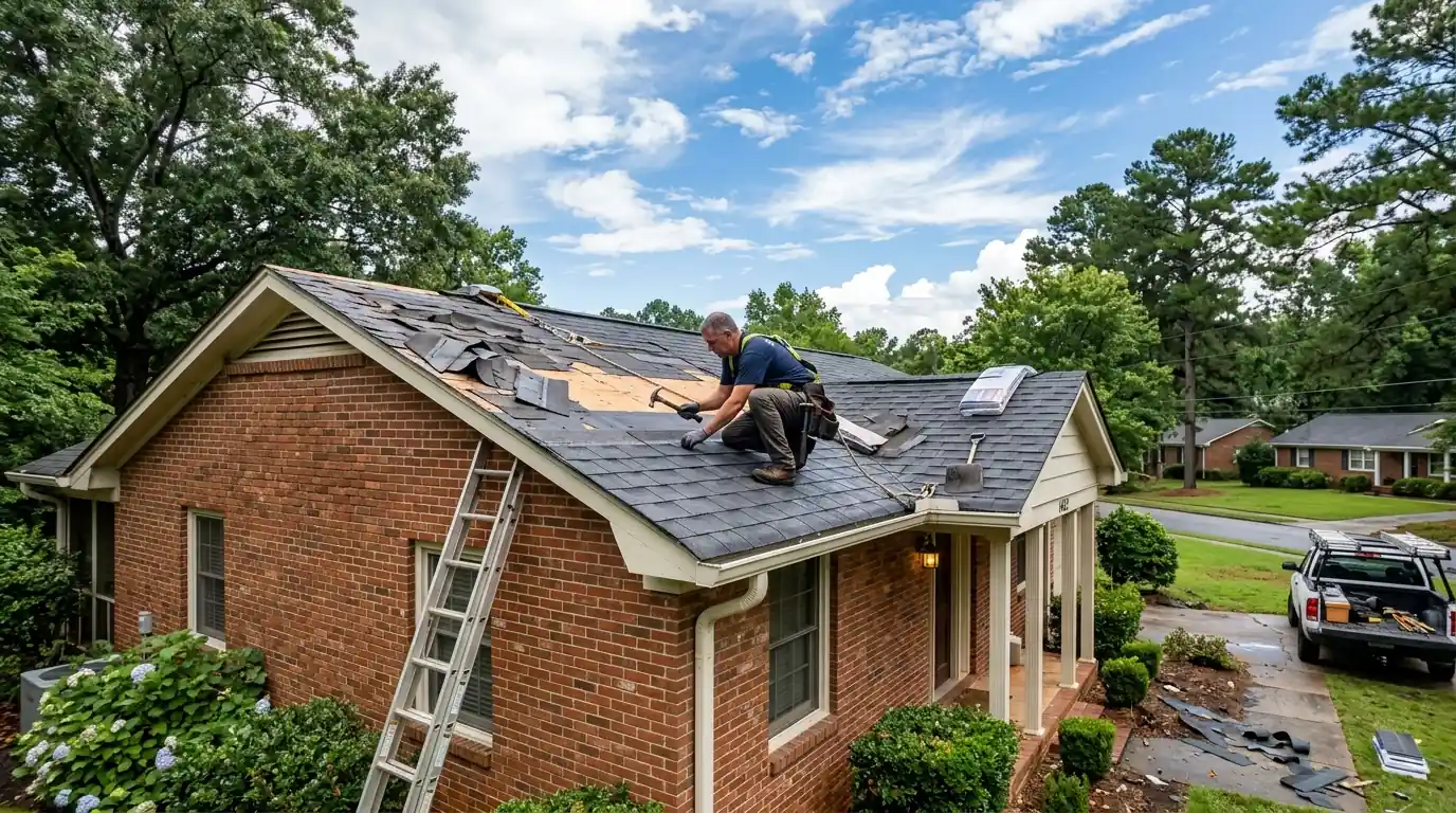 Roofer replacing storm-damaged shingles on a Smyrna ranch
