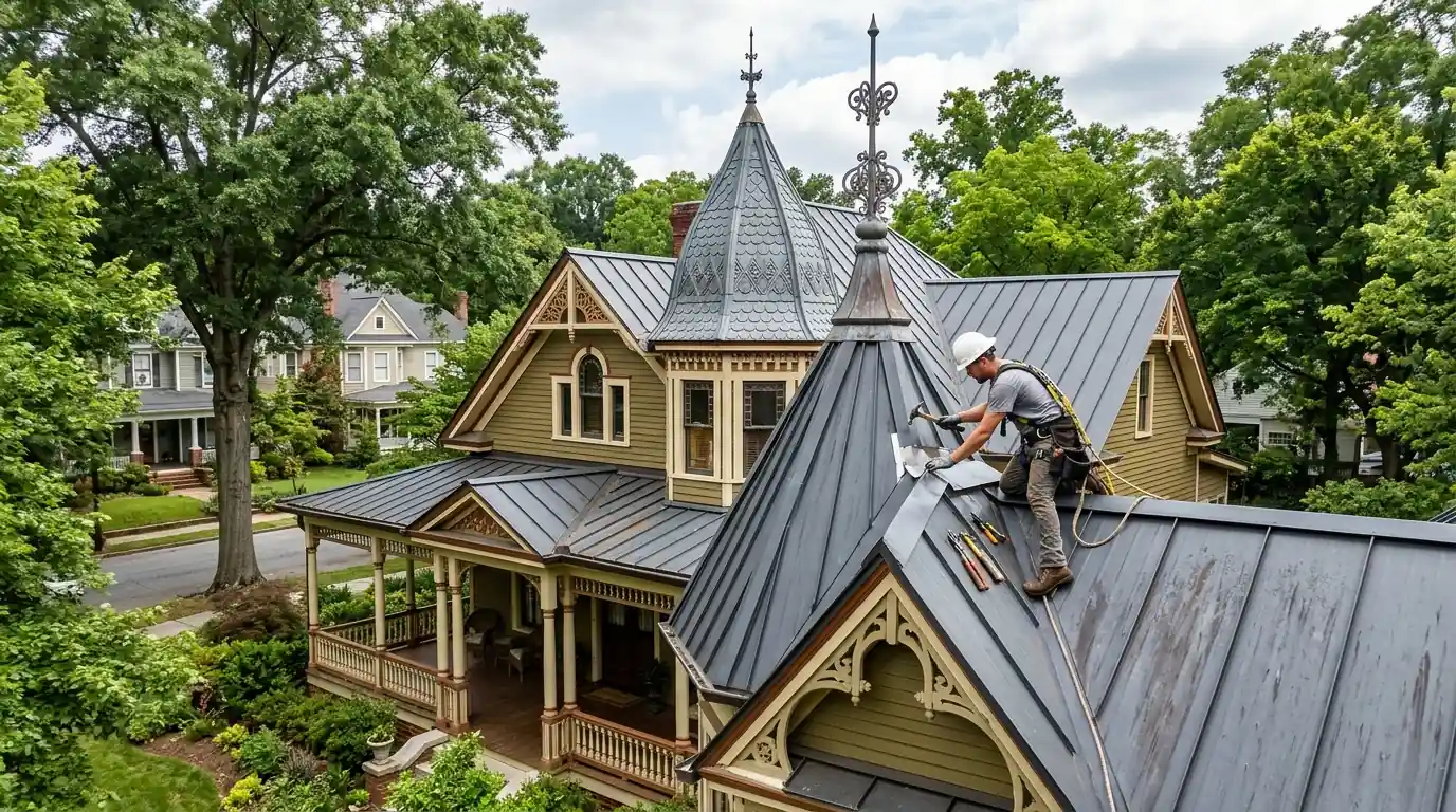 Roofer repairing a metal roof on a Grant Park Victorian