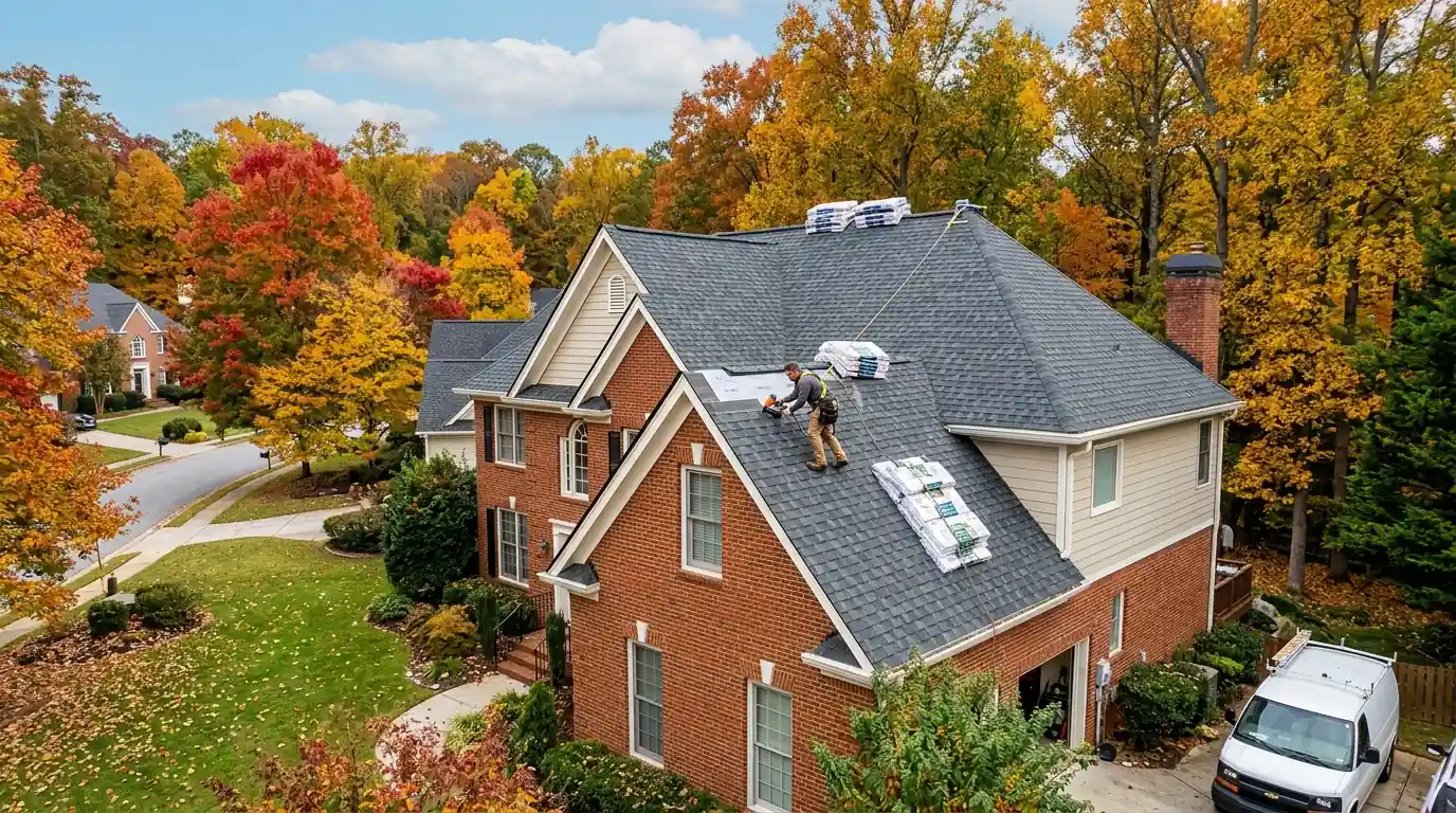 Roofer installing new shingles on a home in Dunwoody