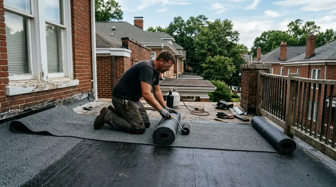 Modified bitumen cap sheet being rolled onto a flat porch roof in Atlanta