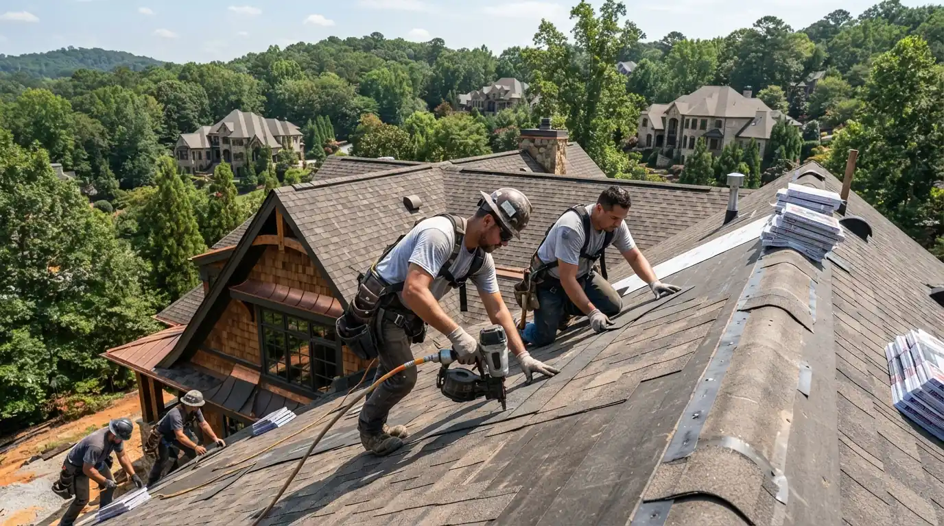 Shingles going onto a steep custom home roof with dormers north of Atlanta