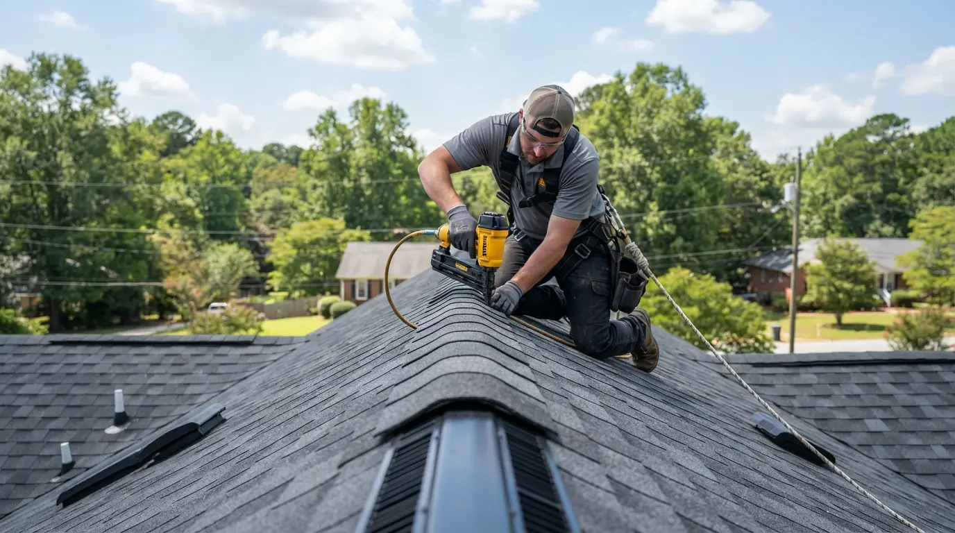 New ridge cap shingles being nailed along a roof peak