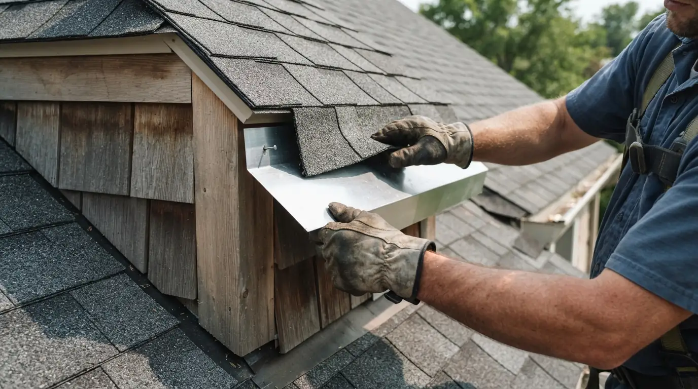 Step flashing along a dormer wall being replaced
