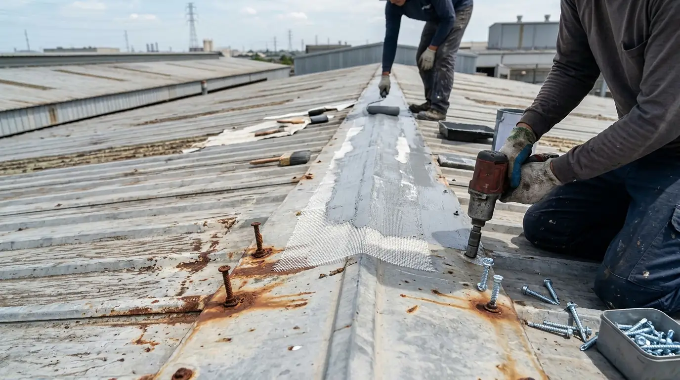 Metal roof fasteners replaced and seams reinforced before coating