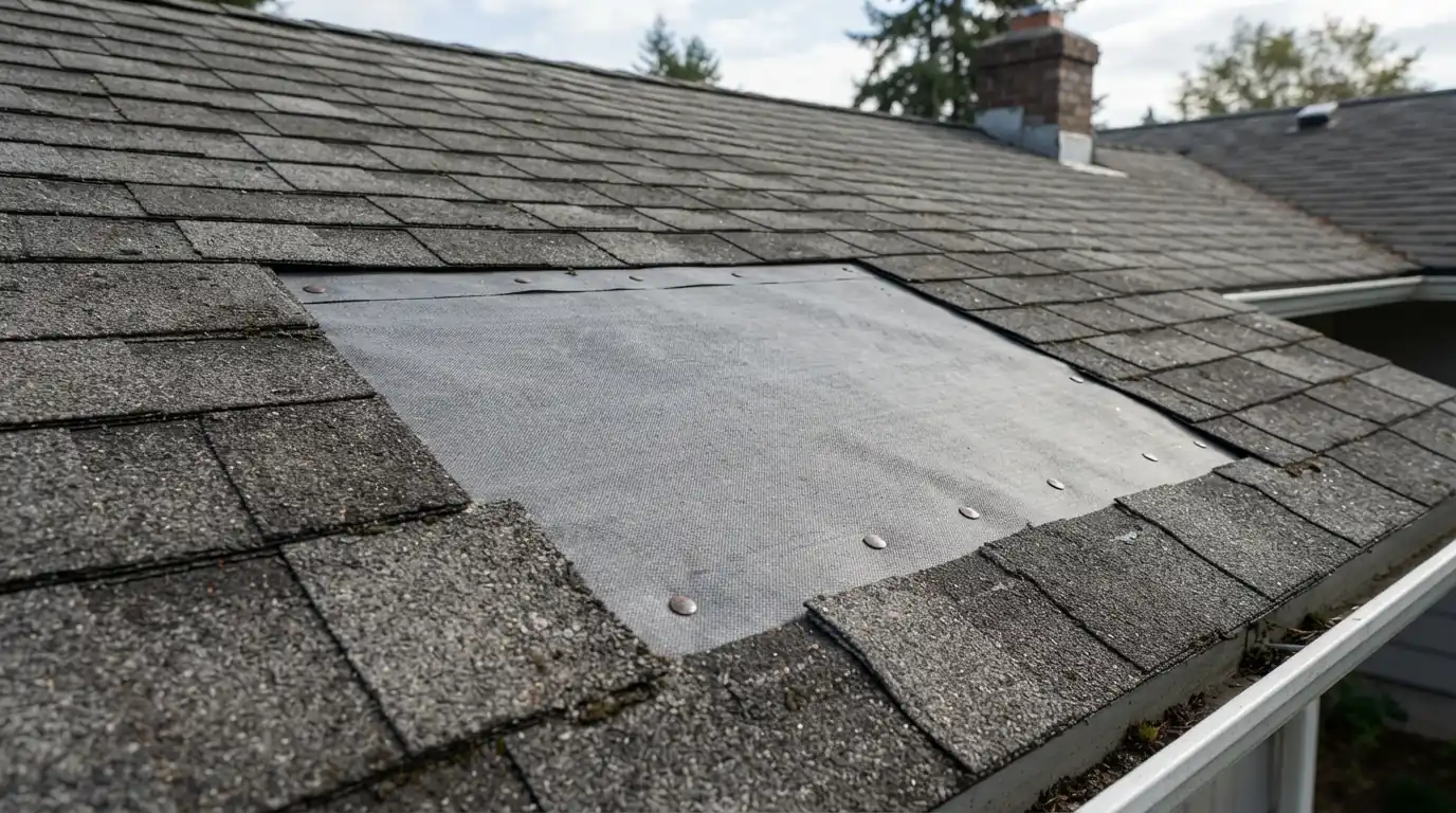 Missing shingles exposing underlayment on an Atlanta roof after a windstorm