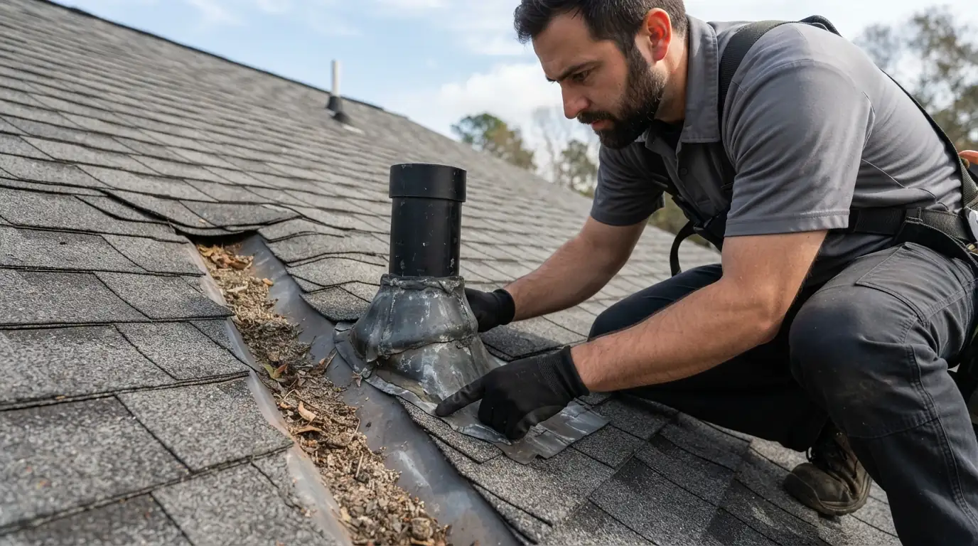Pipe boot and valley checked during an annual roof inspection