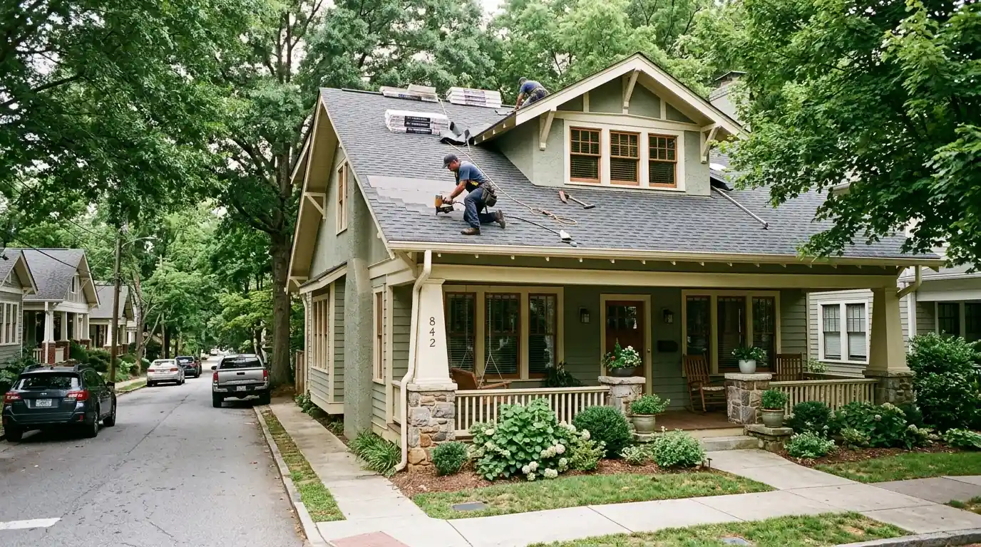 Roofer replacing shingles on a Virginia-Highland bungalow