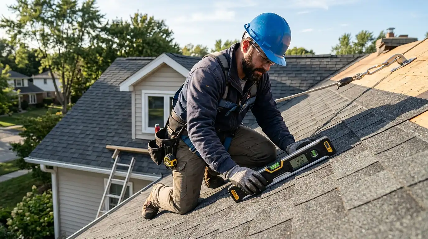 Roofer checking the pitch of a steep dormer under tree canopy in Decatur