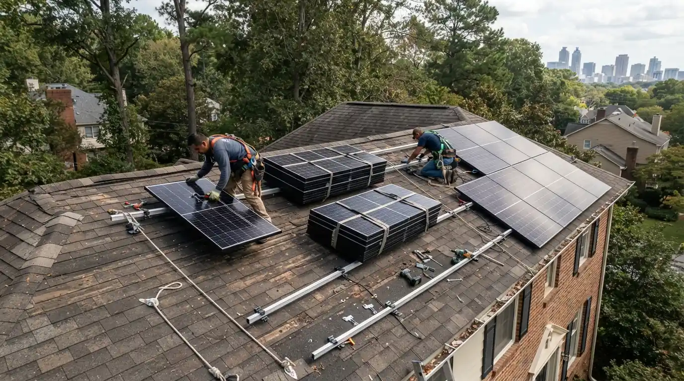 Solar panels removed and stacked on a roof before a replacement