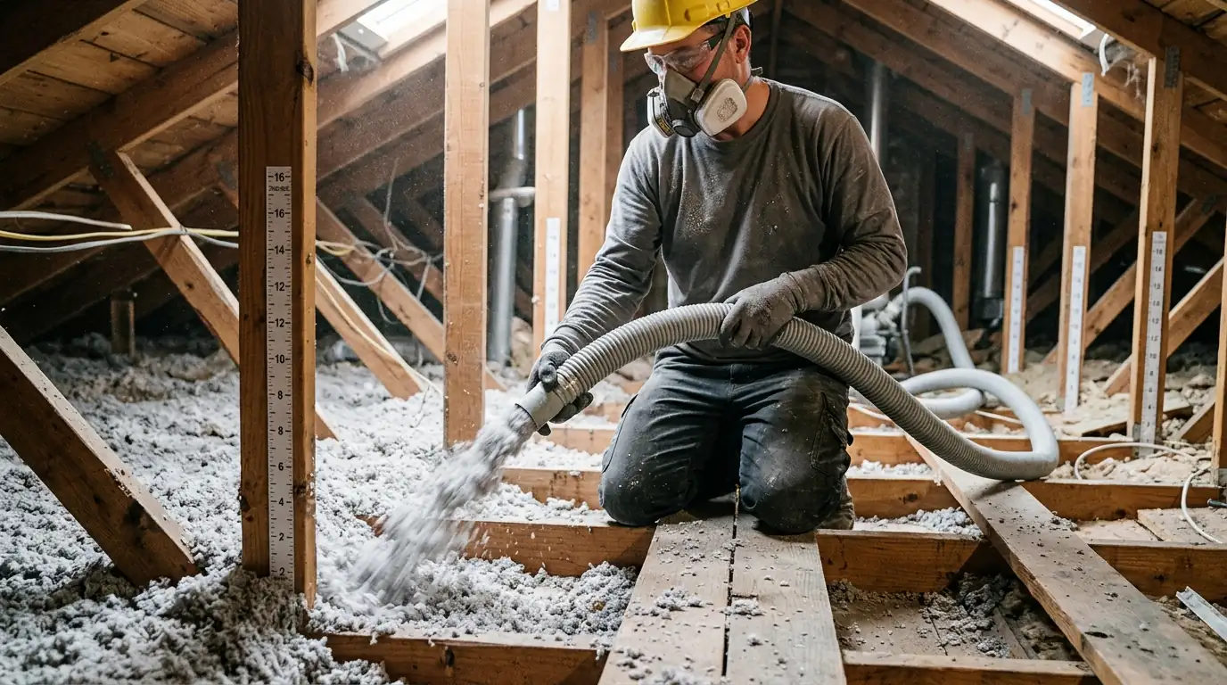 Loose-fill insulation being blown into an attic with depth rulers on the joists