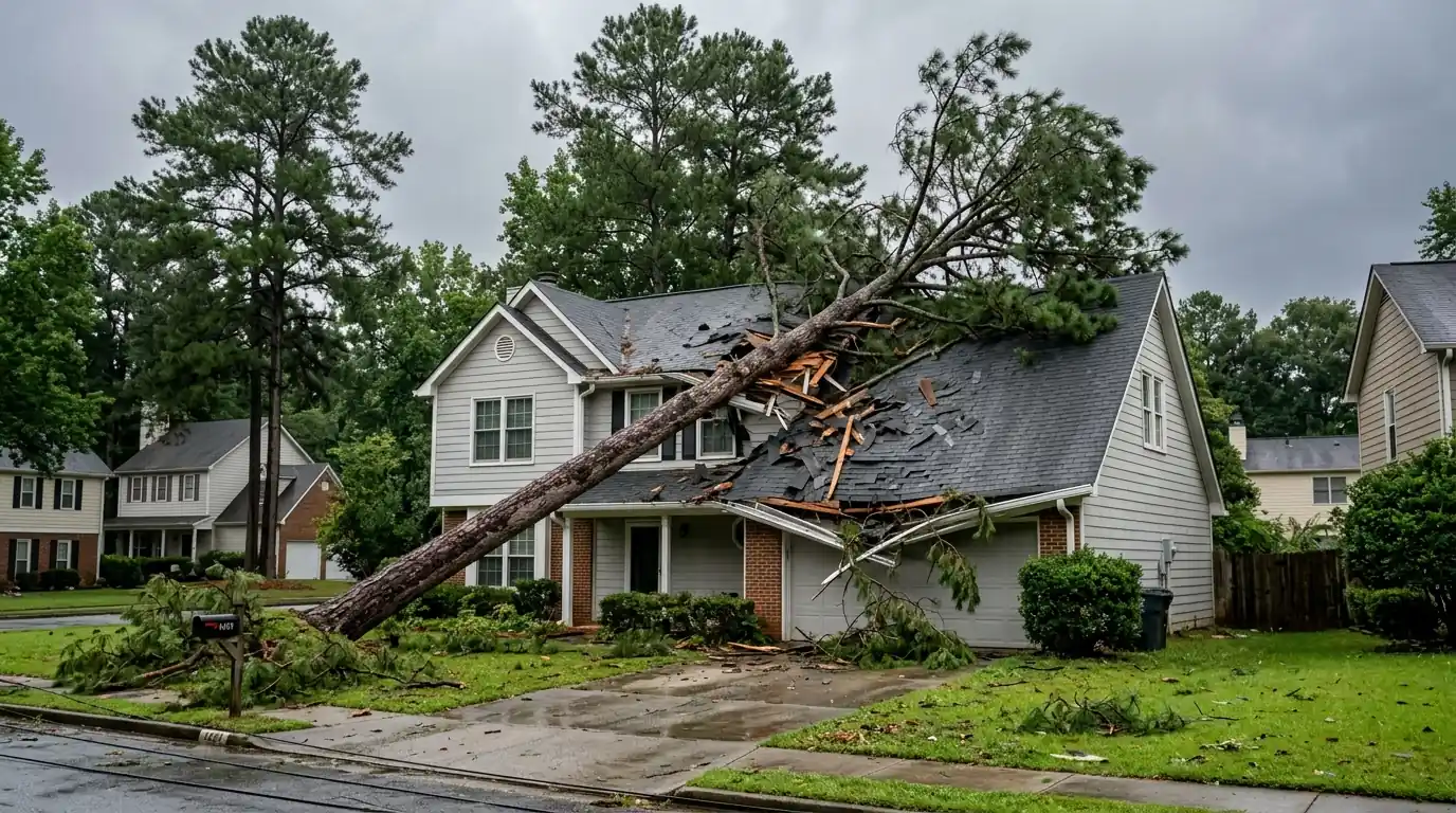 Pine tree lying across the roof of a two-story house after a storm