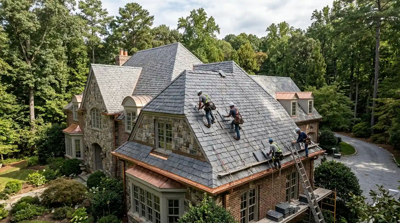 Roofers working on a slate roof near Chastain Park
