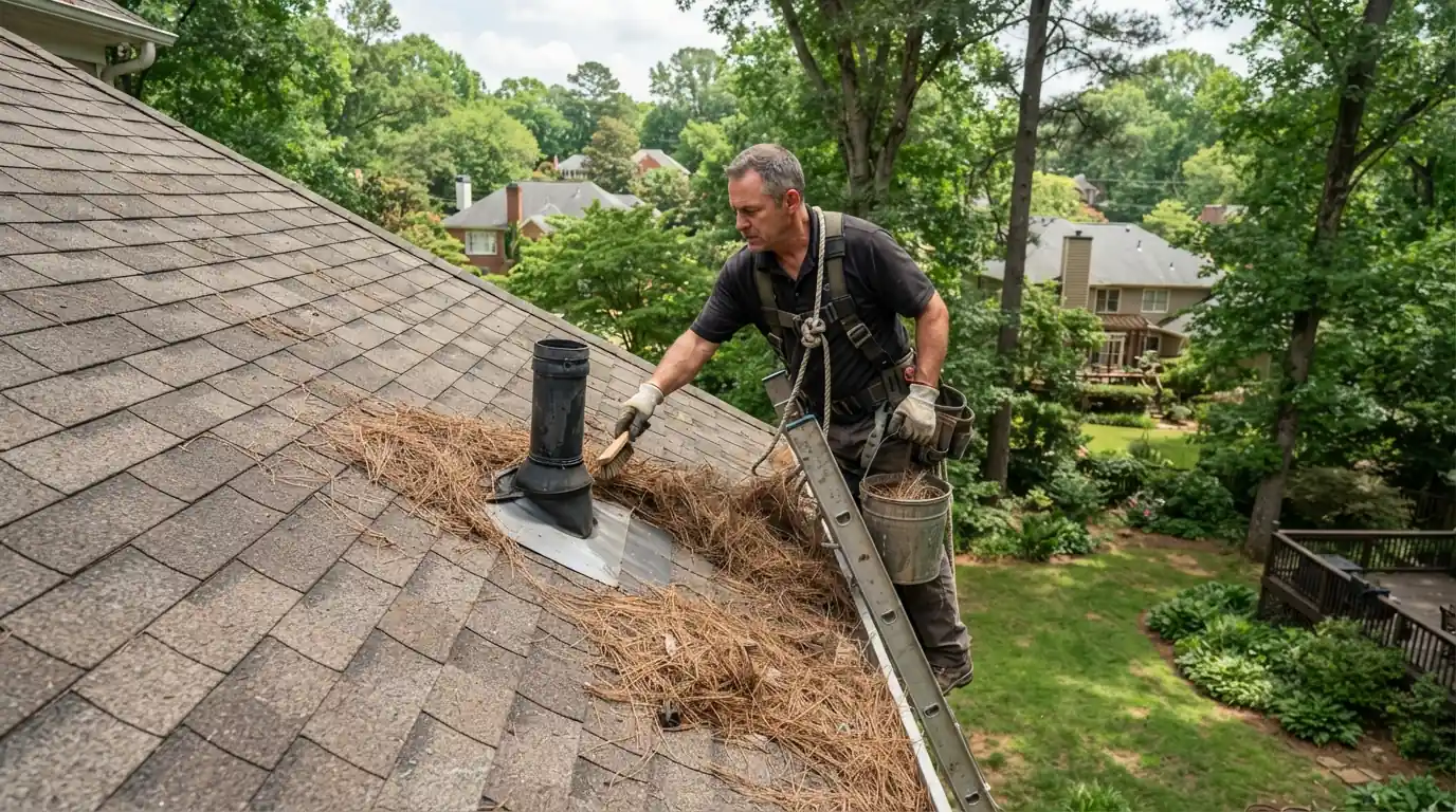 Roofer clearing pine straw from a roof valley