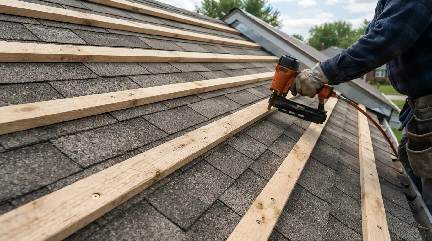 Battens over old shingles before a metal roof overlay