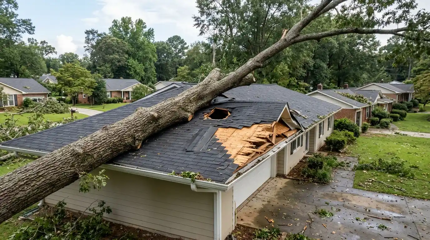 Oak limb resting on a punctured shingle roof after a Georgia storm