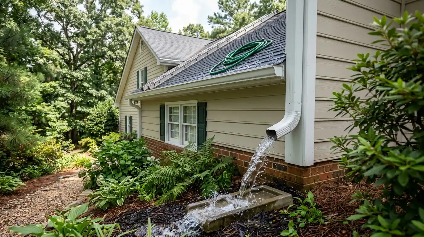 Water flowing freely from a downspout after cleaning