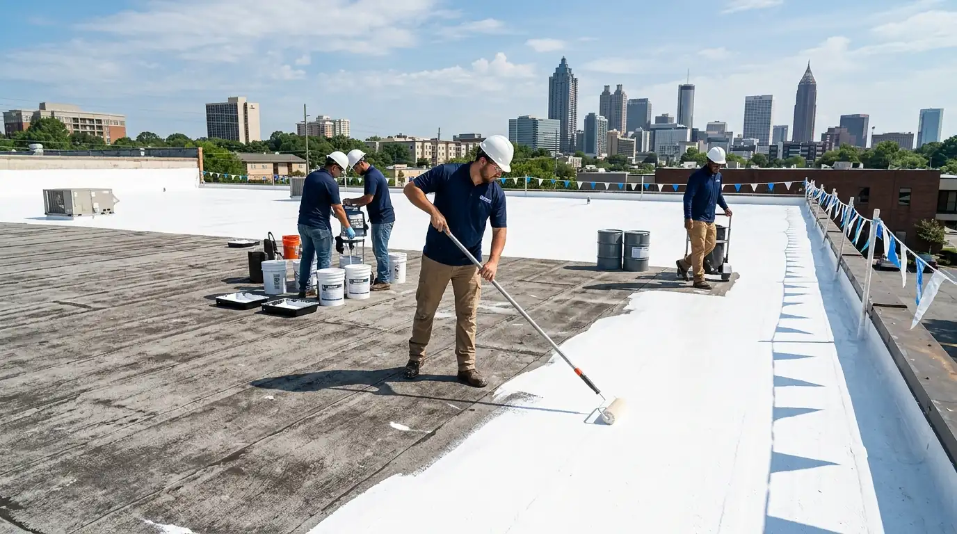 White silicone coating being rolled over an aged flat roof in Atlanta
