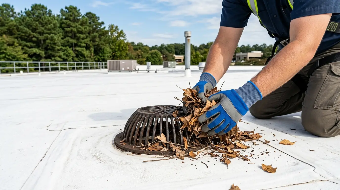 Leaves cleared from a roof drain strainer on a flat roof
