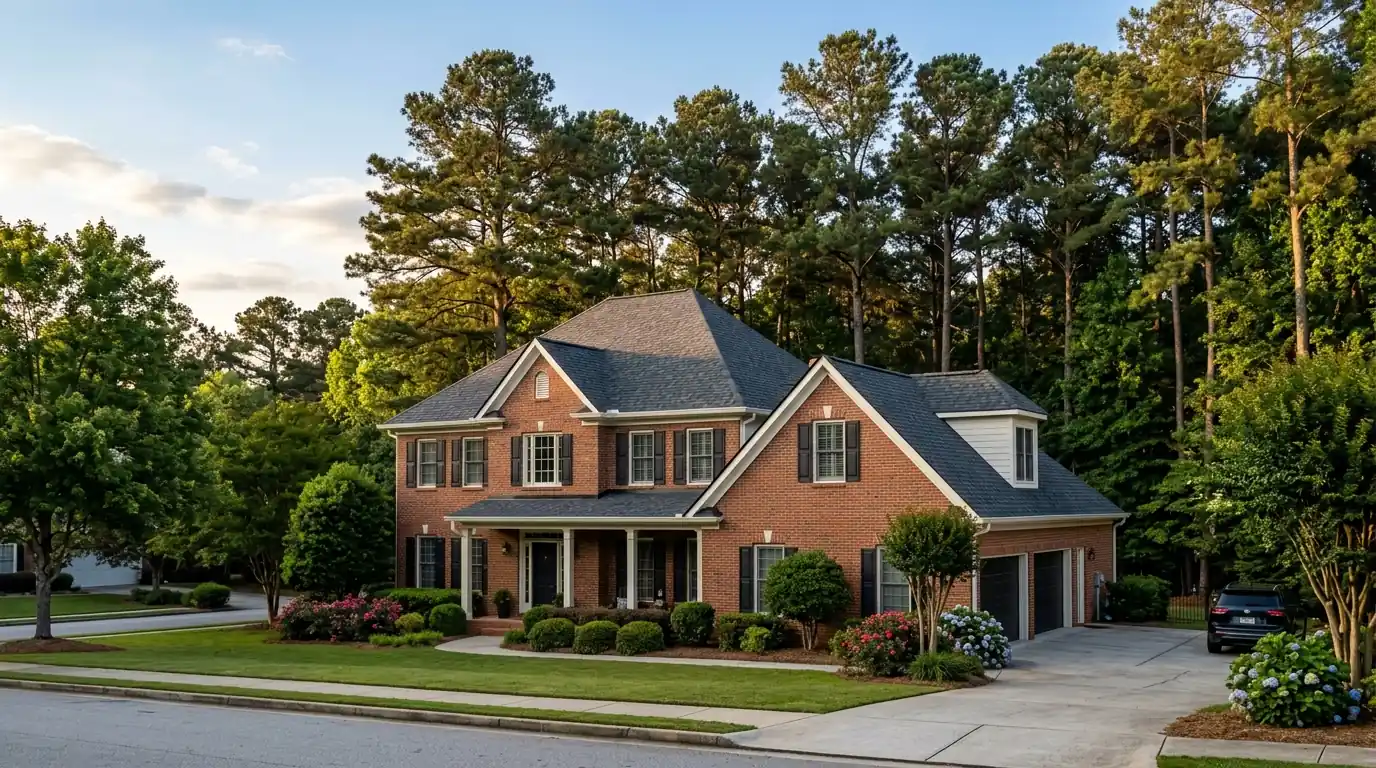 Freshly installed charcoal architectural shingle roof on a brick home in Atlanta