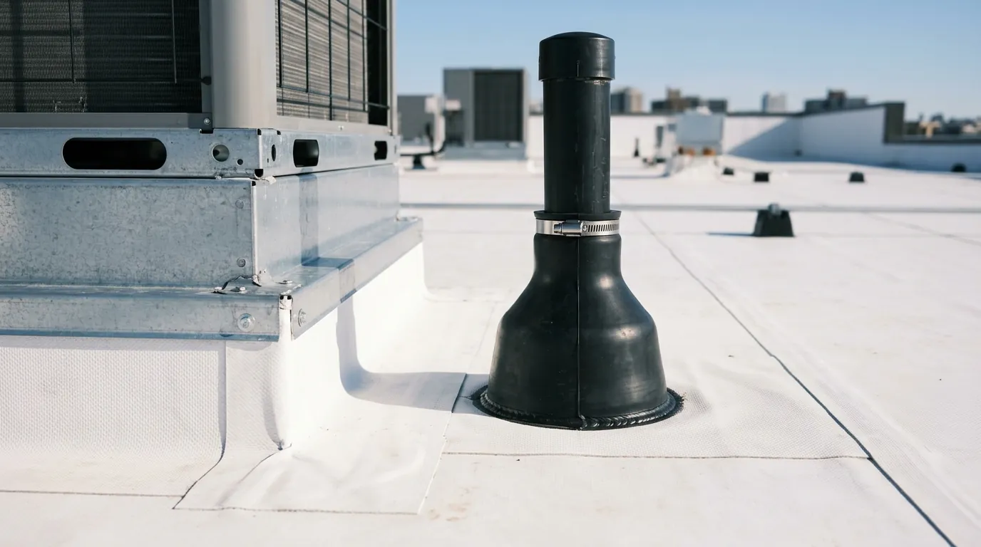 Prefabricated pipe boot flashing beside an HVAC curb on a membrane roof