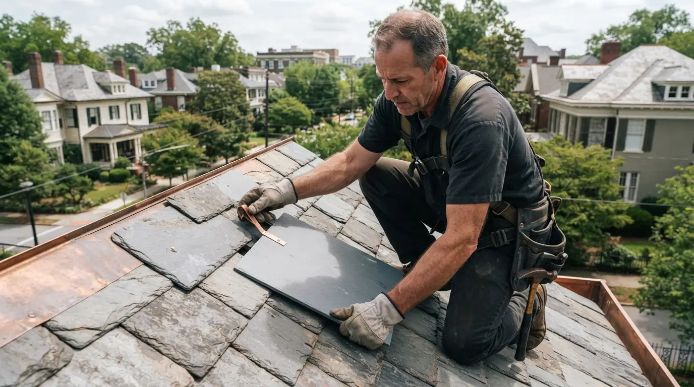 Matched slate slid into place with a copper hook on a historic Atlanta roof