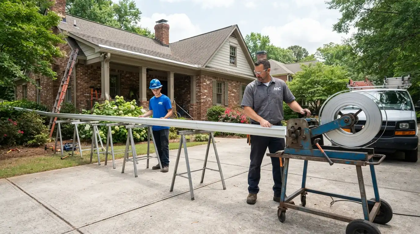 Seamless aluminum gutter being formed on site at an Atlanta home