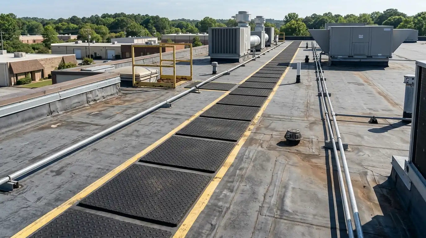 EPDM membrane with walkway pads on an older commercial roof
