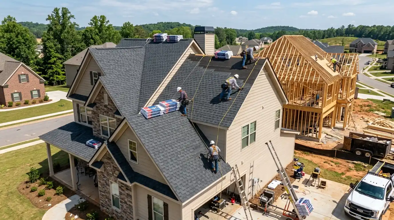 Crew shingling a new home in a Walton County subdivision