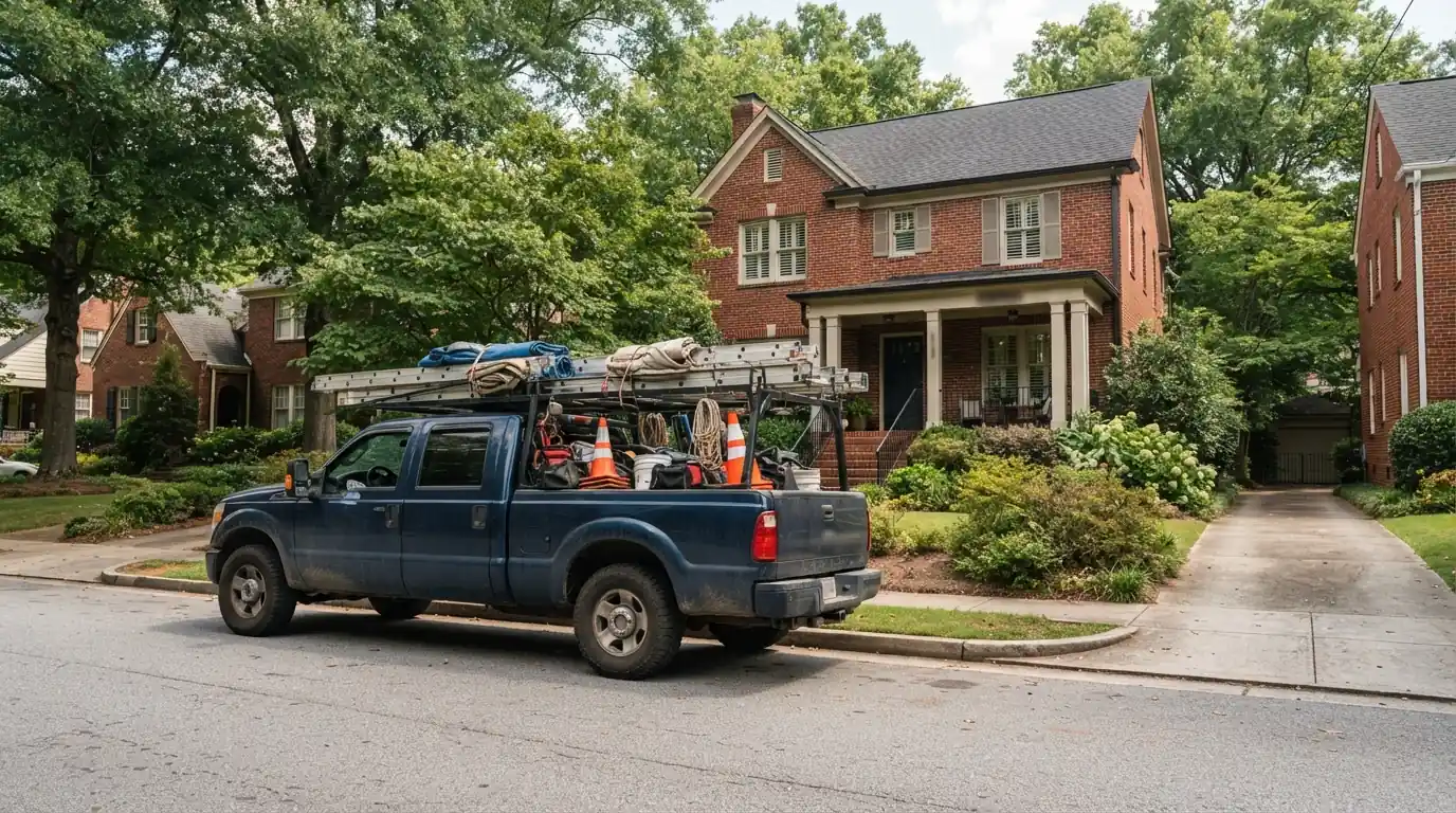 Work truck with ladders and tarps outside a Georgia home
