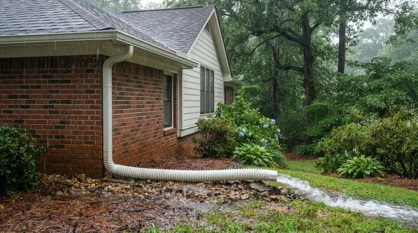 Downspout extension carrying rainwater away from a brick foundation