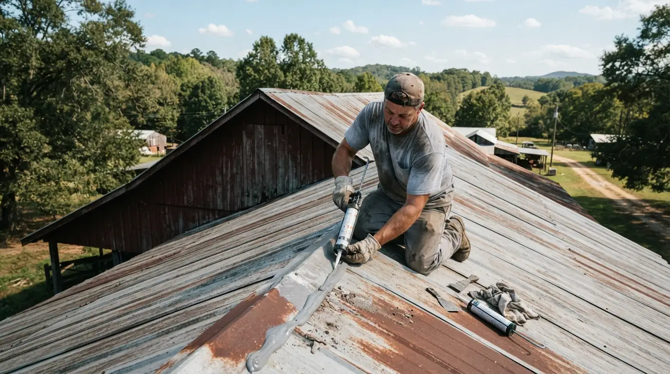 Metal panel lap being cleaned and resealed on a barn roof