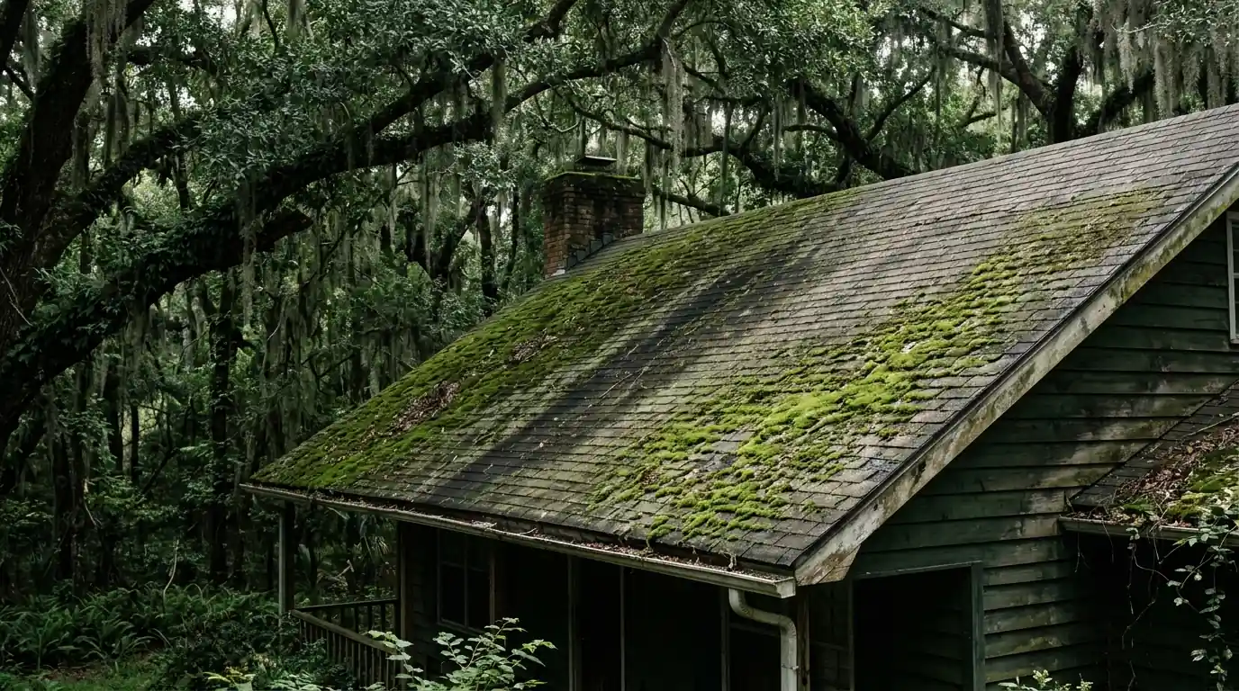 Shaded roof slope with algae and moss under oak trees